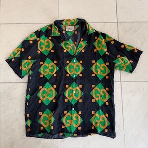 Gucci Black Green Orange Logo-Print Short Sleeve Button-Down Shirt Size 48
